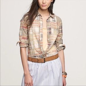 J Crew Patch Madras Plaid Long Sleeve Button Down